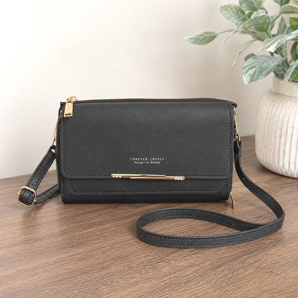 Forever Lovely Madley Gray Crossbody Wallet‎ Bag Gold Hardware Rhinestone Accent